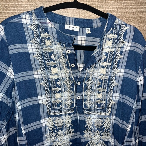 DYLAN Indigo Check embroidered Plaid TUNIC SHIRT Blouse Women's SMALL - Picture 2 of 10